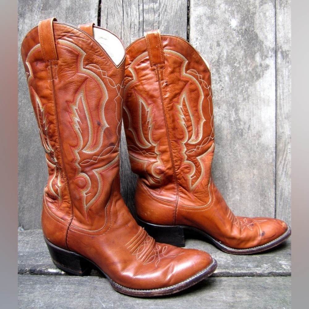 Vintage 1990’s Larry Mahan’s Brown Leather Cowboy Boots cognac leather - Picture 16 of 16